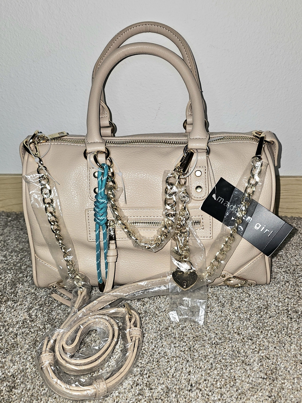 Madden Girl Blush Beige Satchel with Gold Chain Trim